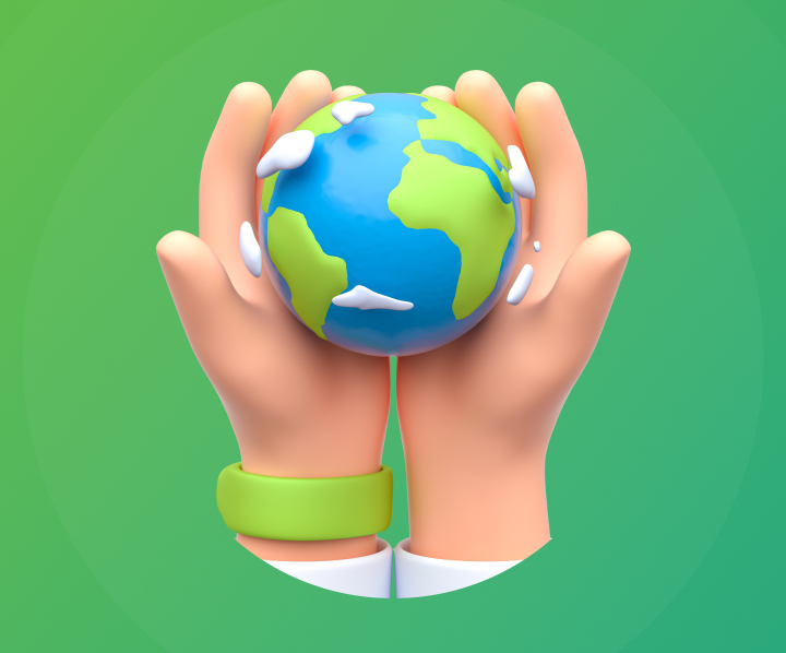 Ilustração de duas mãos em formato de concha segurando o planeta terra.